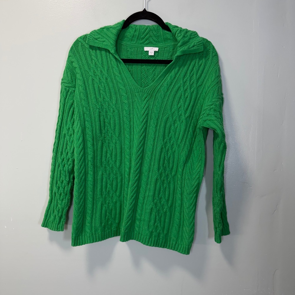 J.Jill Kelly Green Cable Knit V-Neck Collared Sweater Medium SSW276561